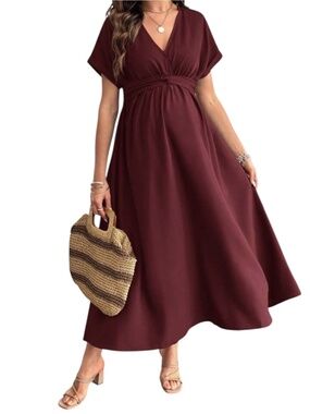Burgundy V-Neck Empire Waist Maternity Maxi Dress – Large